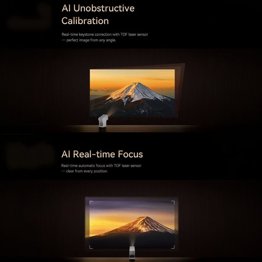 WANBO Cube 2 Pro smartprojektor, Full HD, Android TV 11, AI-kalibrering, TOF-lasersensor, projicerer bjerglandskab.