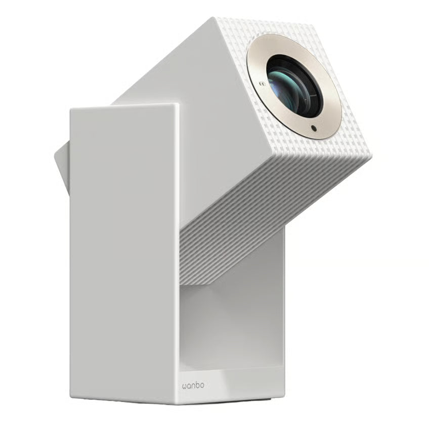 WANBO Cube 2 Pro smartprojektor, Full HD, Android TV 11, struktureret kabinet, rund linse, WANBO-logo ved foden.