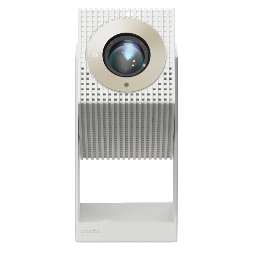 WANBO Cube 2 Pro smartprojektor i hvid med centralt placeret linse, Full HD, Android TV 11, rektangulær fod, WANBO-logo nederst.