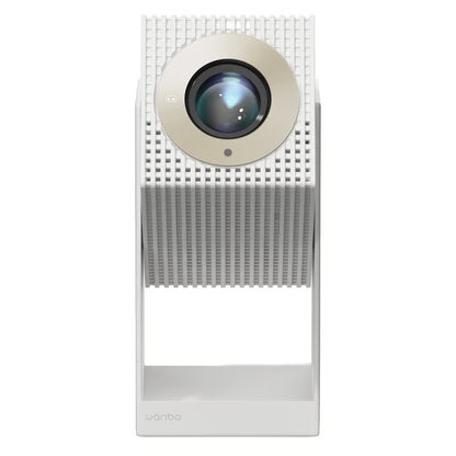 WANBO Cube 2 Pro smartprojektor i hvid med centralt placeret linse, Full HD, Android TV 11, rektangulær fod, WANBO-logo nederst.