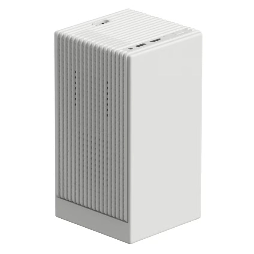 WANBO Cube 2 Pro smartprojektor, hvid, rektangulær med ribber, små huller, porte og knapper på oversiden, Full HD, Android TV 11.