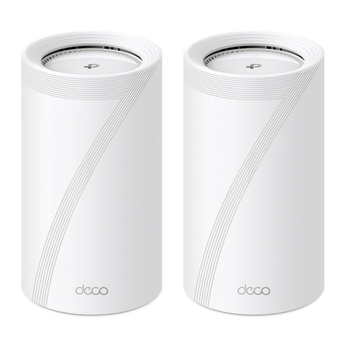 To hvide TP-Link Deco BE68 Wi-Fi 7 tri-band mesh-enheder med diagonalt rillet mønster, ventilation i toppen og en 10 Gbps-port.