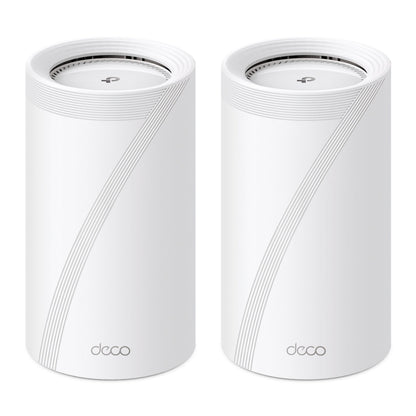 To hvide TP-Link Deco BE68 Wi-Fi 7 tri-band mesh-enheder med diagonalt rillet mønster, ventilation i toppen og en 10 Gbps-port.