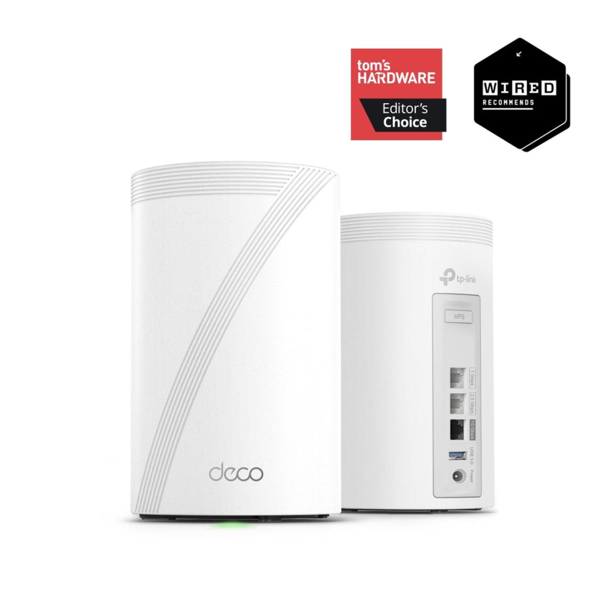 Til TP-Link Deco BE68 Wi-Fi 7 tri-band mesh-router i hvid: et billede forfra og et billede bagfra med 10 Gbps-porte.