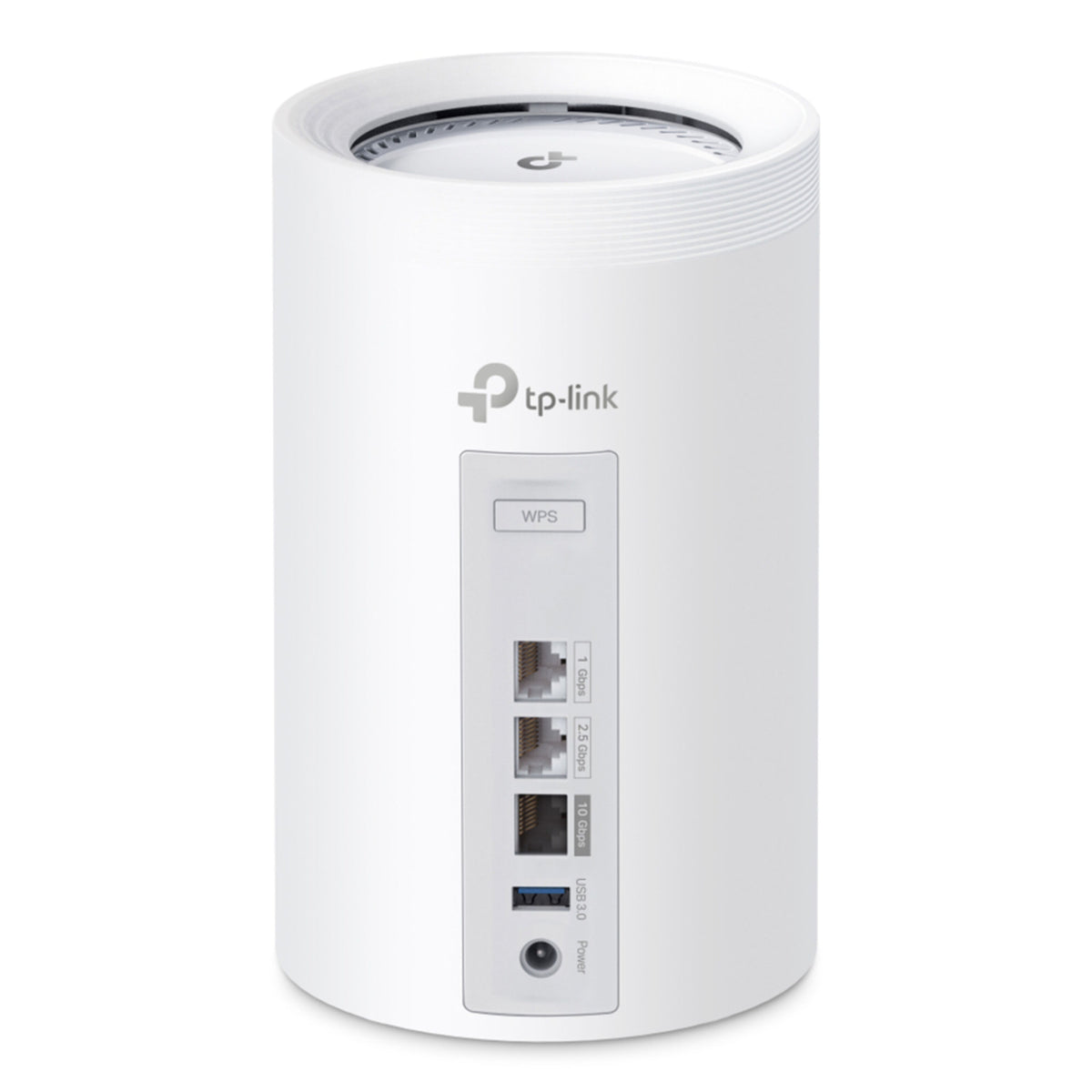 Hvid TP-Link Deco BE68 Wi-Fi 7 mesh-router, set bagfra med Ethernet-, 10 Gbps- og USB 3.0-porte.