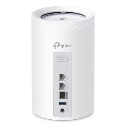 Hvid TP-Link Deco BE68 Wi-Fi 7 mesh-router, set bagfra med Ethernet-, 10 Gbps- og USB 3.0-porte.