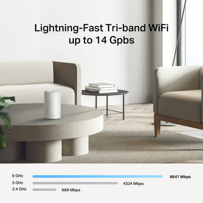Hvidt, cylindrisk TP-Link Deco BE68 Wi-Fi 7 tri-band mesh-system på sofabordet med tekst om Wi-Fi-hastigheder.