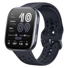 Amazfit Bip 6 smartwatch i sort med sort perforeret rem; AMOLED-skærmen viser pulsmåling, skridt, distance, søvn og batteristatus.