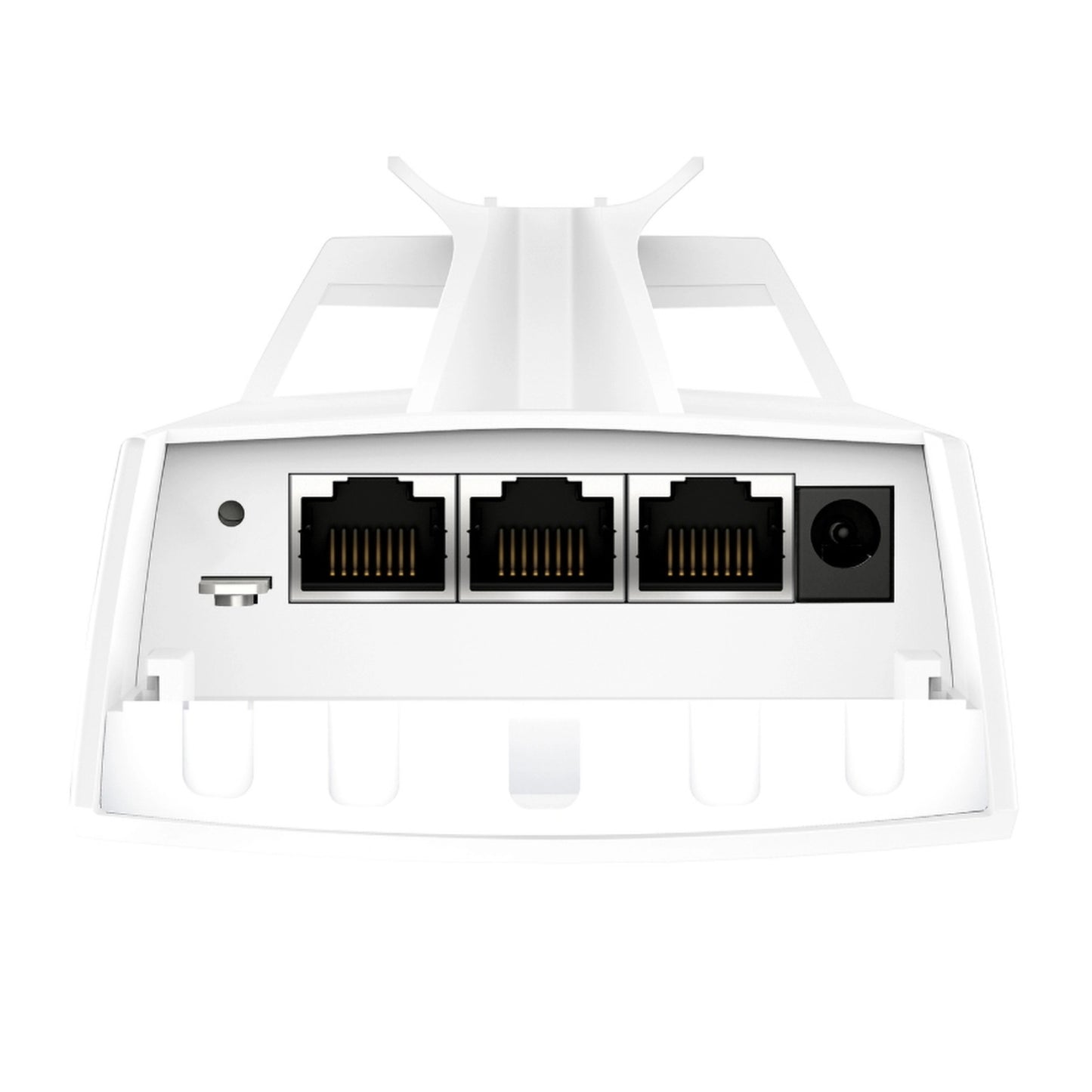 TP-Link Omada EAP215-Bridge KIT bagfra, trådløs 5 km, tre Ethernet-porte, strømstik, resetknap og micro USB.