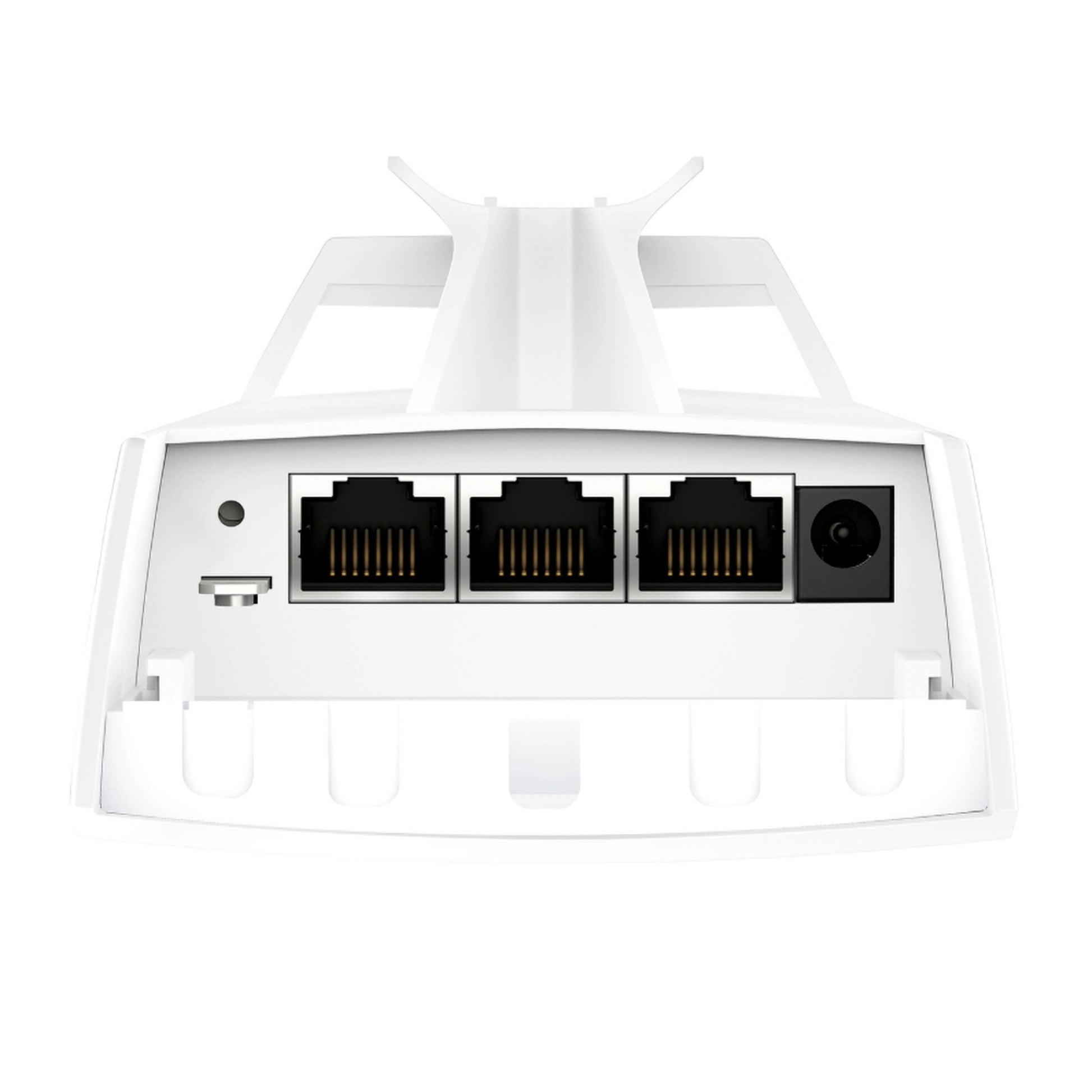 TP-Link Omada EAP215-Bridge KIT bagfra, trådløs 5 km, tre Ethernet-porte, strømstik, resetknap og micro USB.
