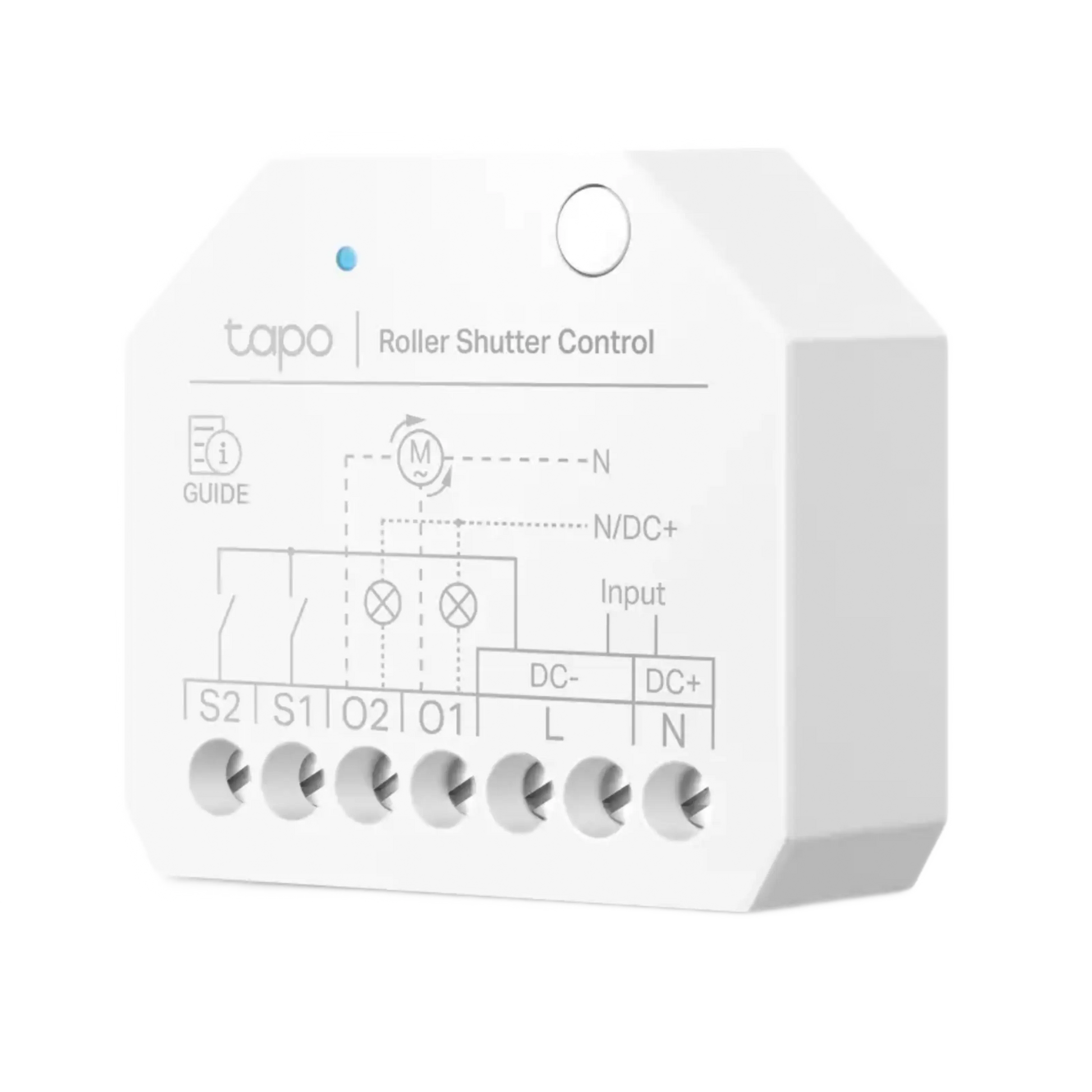 TP-Link Tapo S112 hvid smart switch til rullegardiner med markerede input/output-terminaler og frontledningsdiagram.