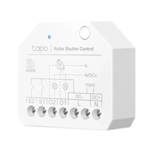 TP-Link Tapo S112 hvid smart switch til rullegardiner med markerede input/output-terminaler og frontledningsdiagram.