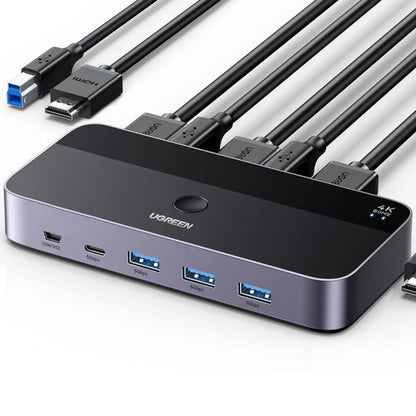 UGREEN 4K HDMI KVM-switch til 2 computere, 4K60Hz, 4 USB 3.0-porte (3 USB-A, 1 USB-C), kontrolport og 4 medfølgende kabler.