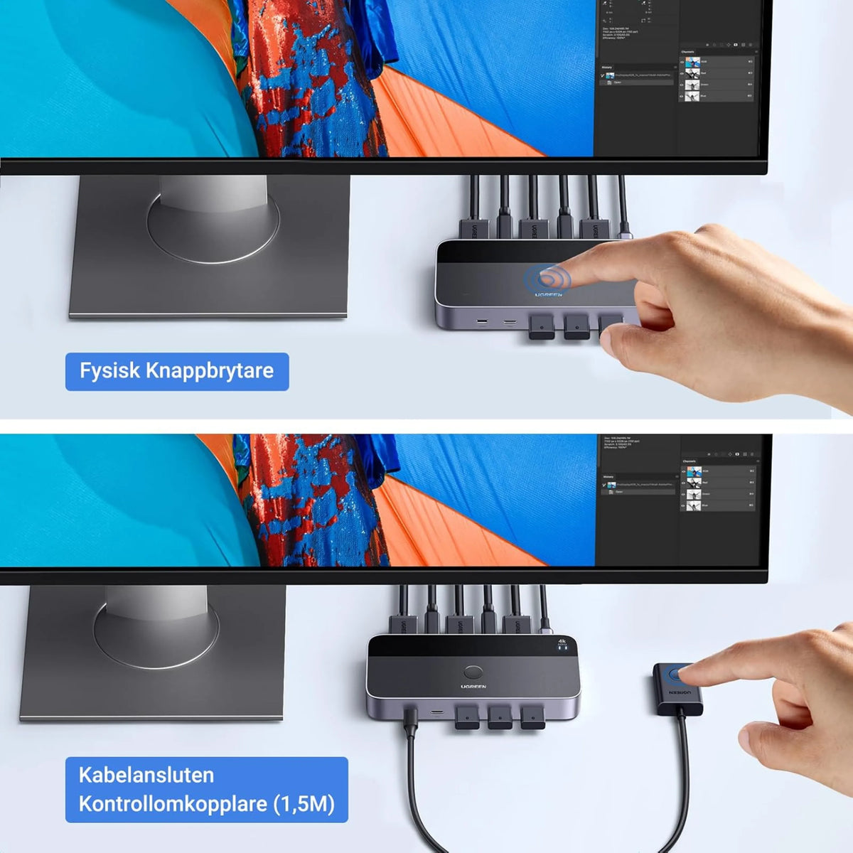 Ugreen 4K HDMI KVM-switch til 2 computere, 4K60Hz, 4 USB 3.0-porte, betjenes via knap og fjernbetjening ved skærmen.