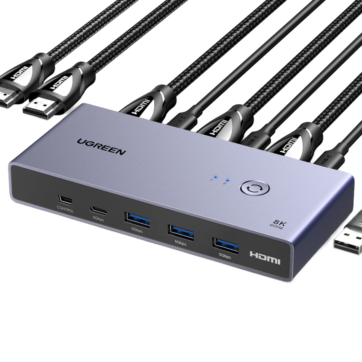 UGREEN 8K HDMI KVM-switch til 2 computere, HDMI 2.1, 3 x USB-A, 1 x USB-C, kontrolport, 2 LED-indikatorer og flettede kabler.