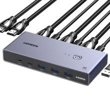 UGREEN 8K HDMI KVM-switch til 2 computere, HDMI 2.1, 3 x USB-A, 1 x USB-C, kontrolport, 2 LED-indikatorer og flettede kabler.