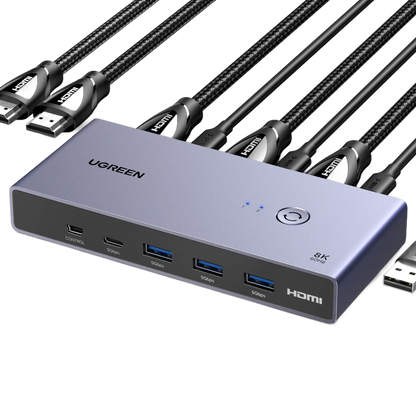 UGREEN 8K HDMI KVM-switch til 2 computere, HDMI 2.1, 3 x USB-A, 1 x USB-C, kontrolport, 2 LED-indikatorer og flettede kabler.