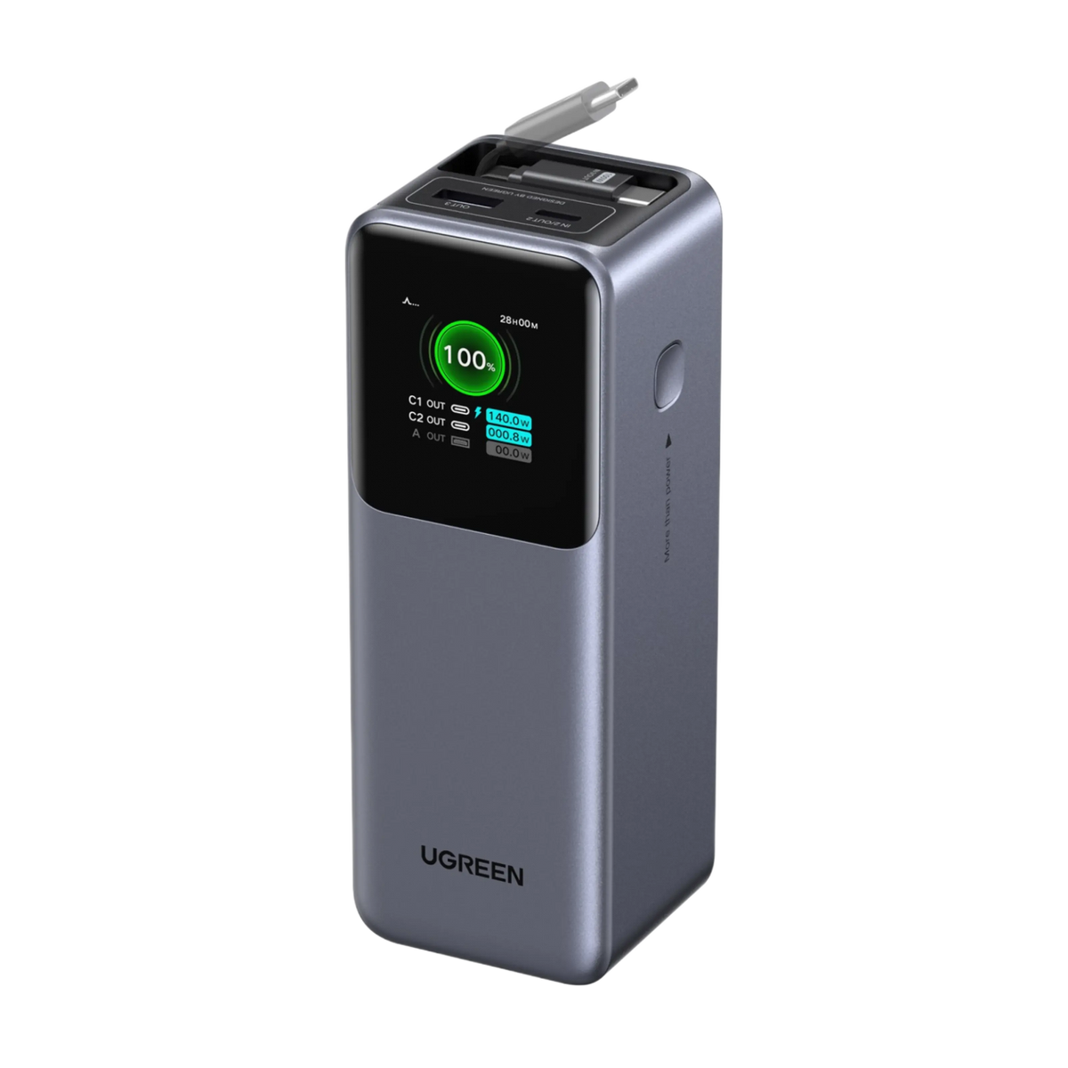Grå Ugreen Nexode powerbank på 20.000 mAh og 165 W med integreret USB-C-kabel og digitalt display, der viser 100  opladning.