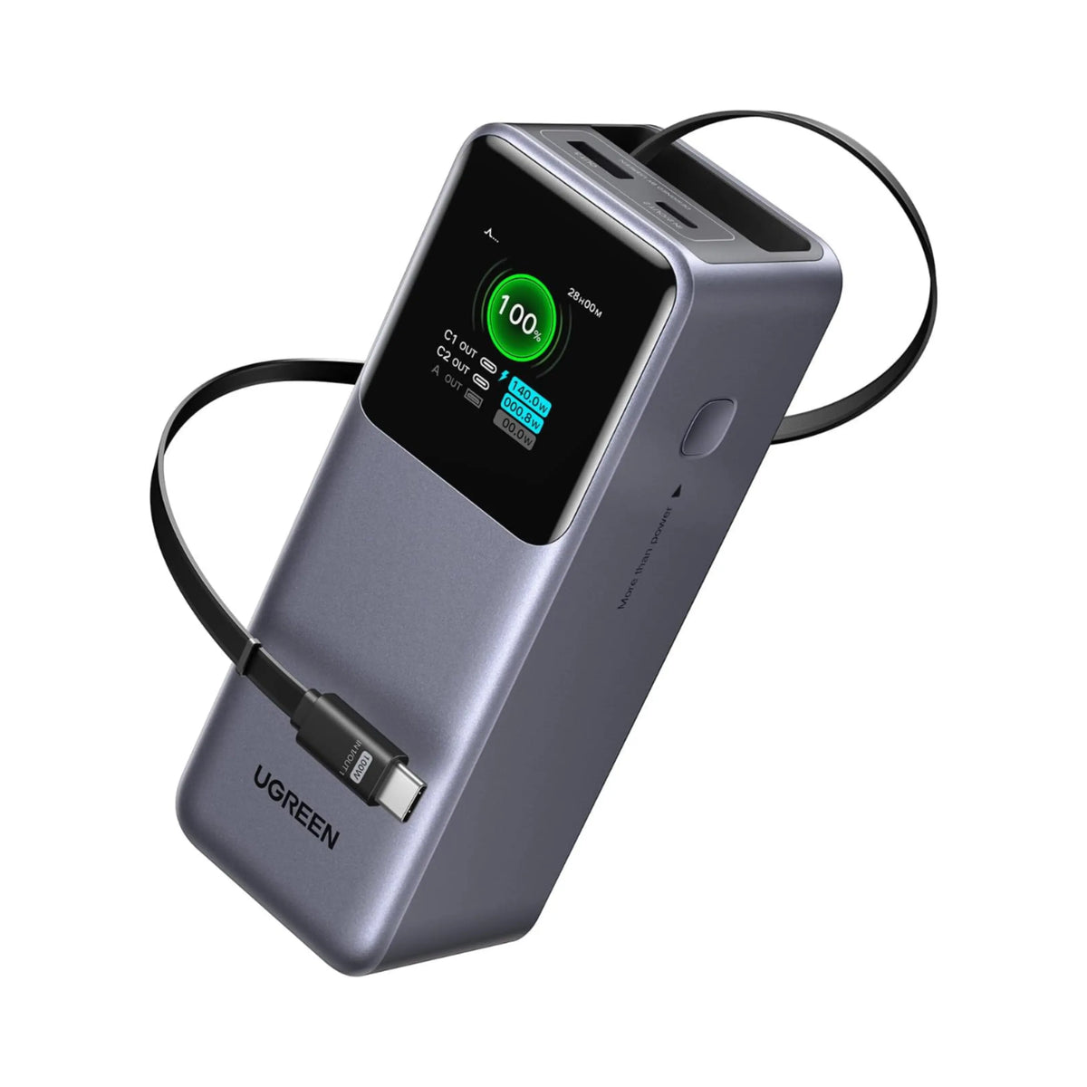 Ugreen Nexode powerbank 20.000 mAh 165 W med indbygget USB-C-kabel, ekstra porte og digitalt display, der viser 100 .