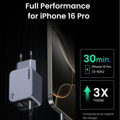 Ugreen Nexode Pro 65W GaN-hurtigoplader med 3 porte