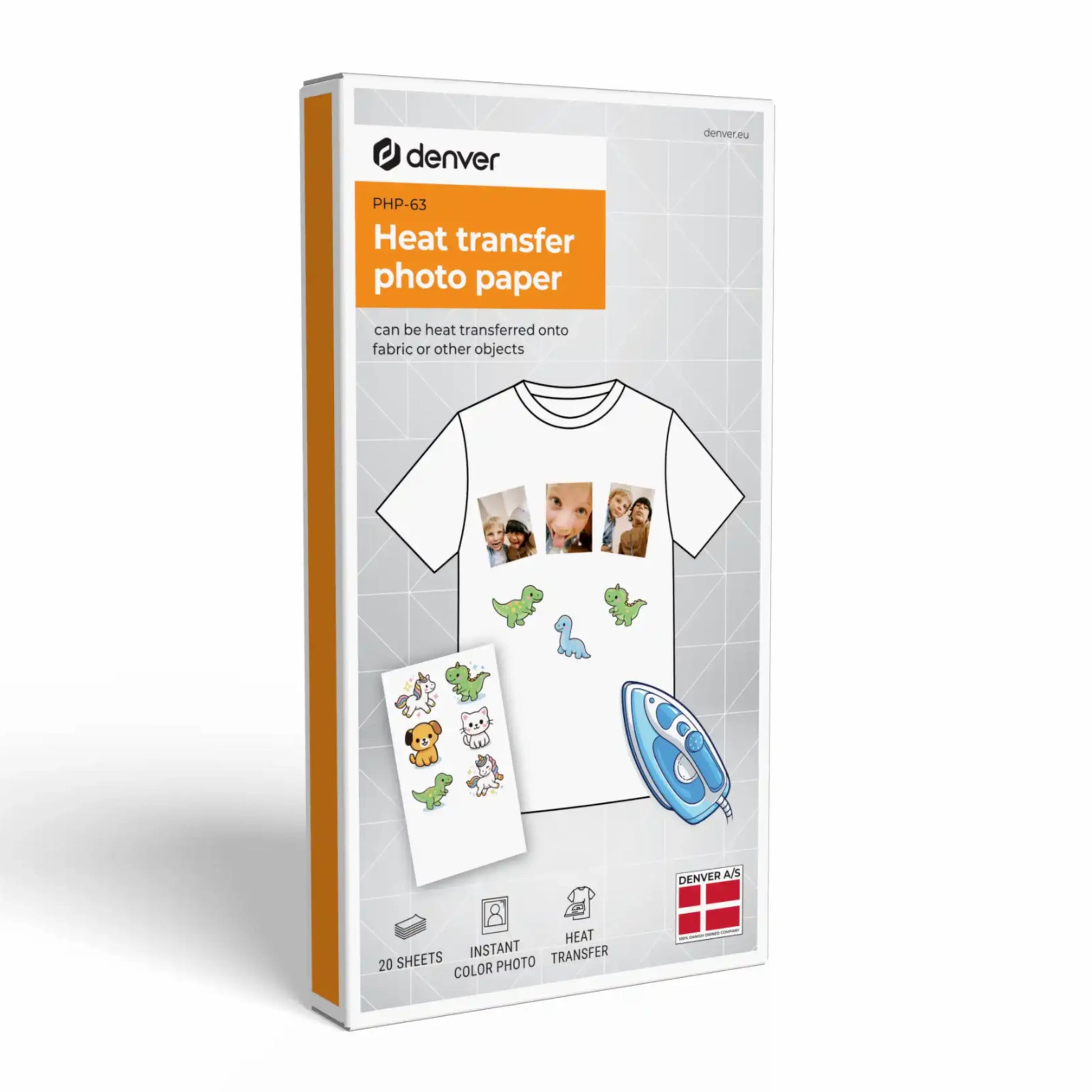 Denver Varmeoverførsels papir PHP-63 til MCP-6010, 20 ark til tekstiltryk med inkjet, æske med t-shirt og strygejern illustration.