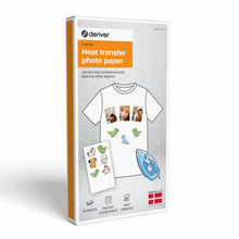 Denver Varmeoverførsels papir PHP-63 til MCP-6010, 20 ark til tekstiltryk med inkjet, æske med t-shirt og strygejern illustration.