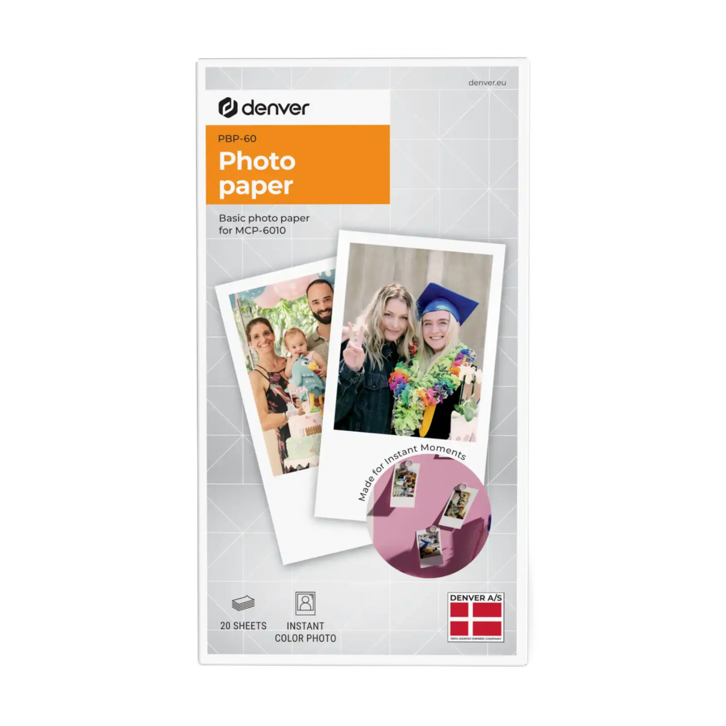 Denver fotopapir til mobilprinter MCP-6010, 20 ark med eksempelbilleder vist på forsiden af pakken.