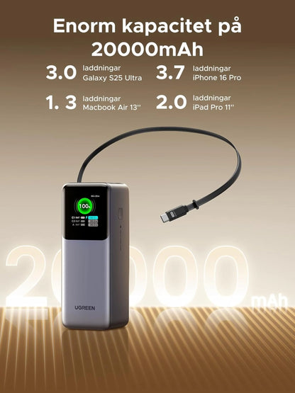 Ugreen Nexode powerbank 20.000 mAh 165 W med indbygget USB-C-kabel, digitalt display og opladningsspecifikationer.