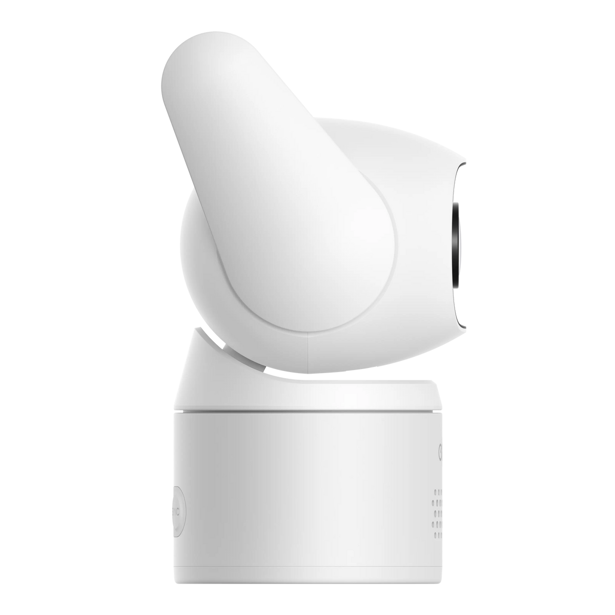 EUFY C31 overvågningskamera med 360° panorering, set fra siden, hvidt, med en rund linse til højre på en cylindrisk fod med knapper og mærkninger.