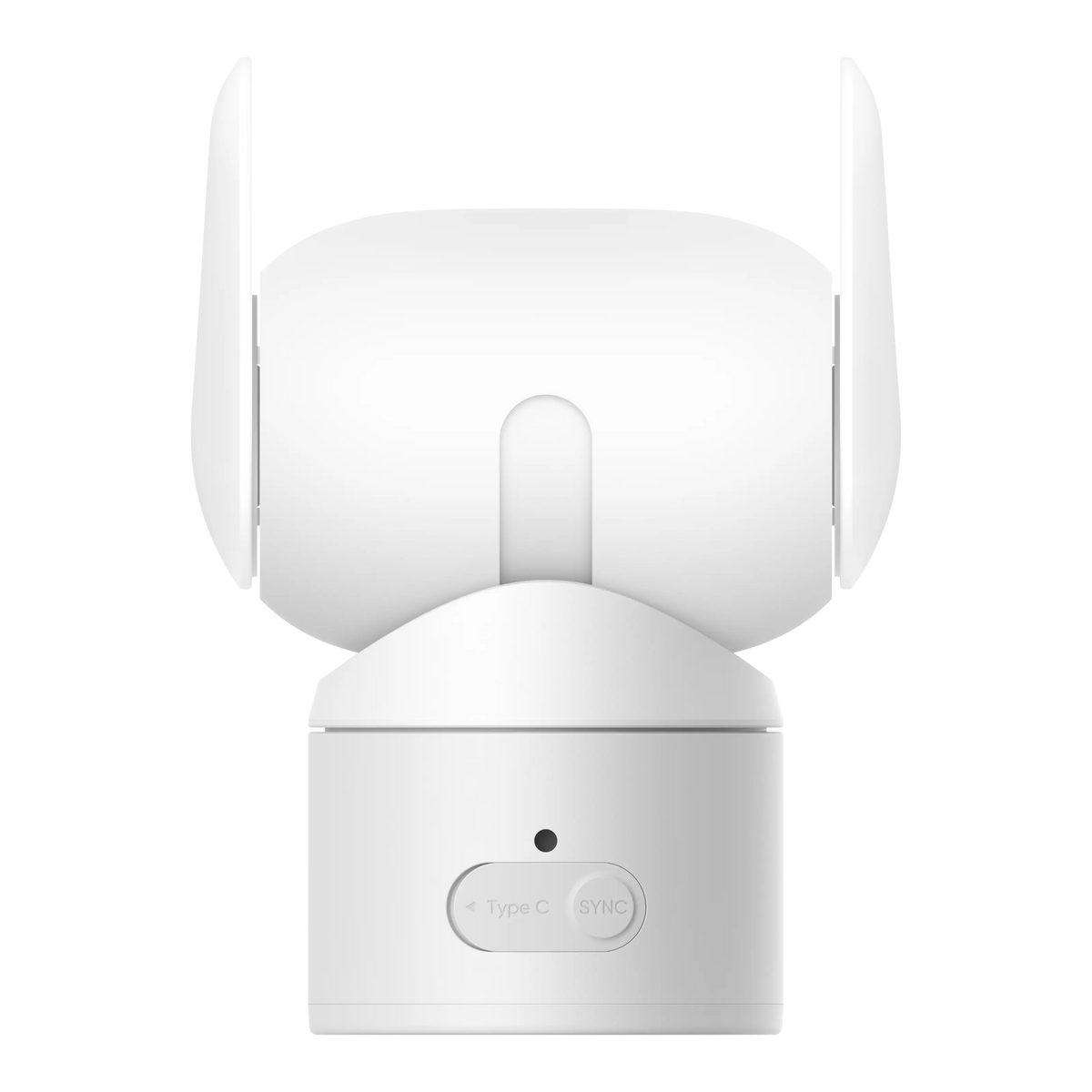 Eufy C31 overvågningskamera, hvid, 360° panorering, rund top, to sidefinner, USB-C-port og SYNC-knap på bagsiden.
