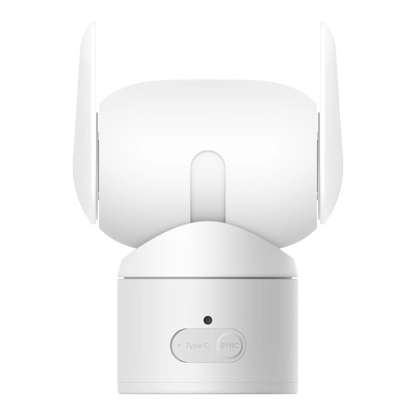 Eufy C31 overvågningskamera, hvid, 360° panorering, rund top, to sidefinner, USB-C-port og SYNC-knap på bagsiden.