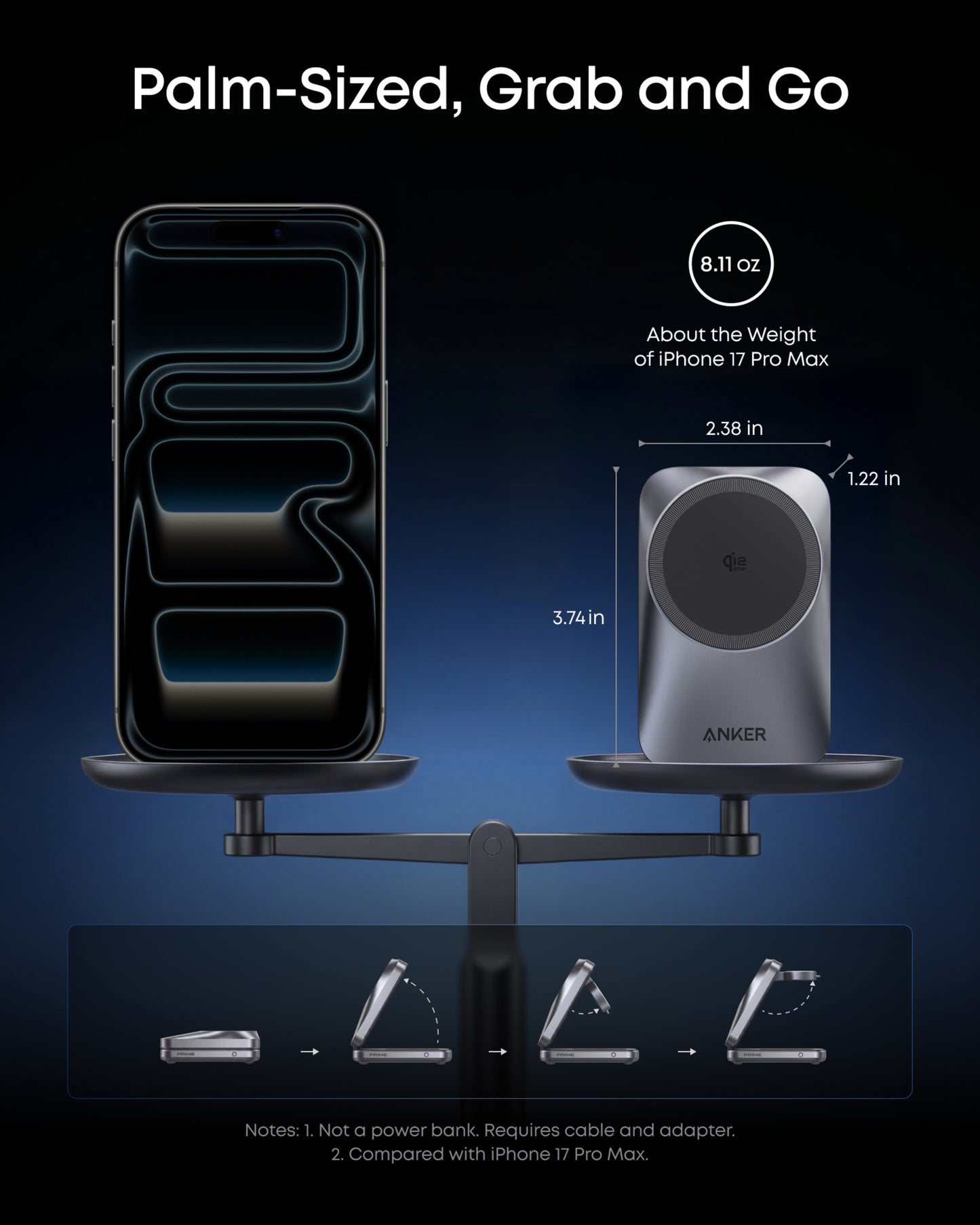 Anker Prime Foldable 3-i-1 MagGo-oplader, Sort