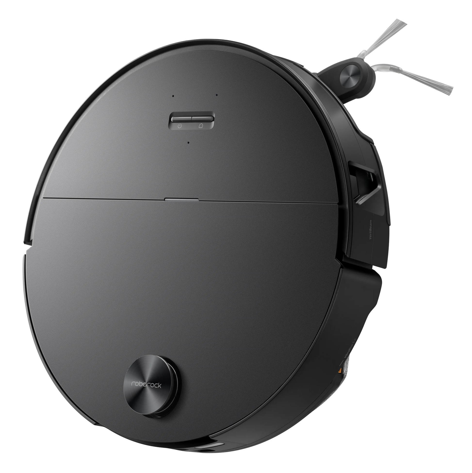 Roborock Saros 20 Sonic robotstøvsuger sort med vibrerende moppe, rundt design, hævet topsensor og sidebørste til højre.
