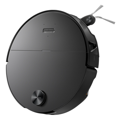 Roborock Saros 20 Sonic robotstøvsuger sort med vibrerende moppe, rundt design, hævet topsensor og sidebørste til højre.