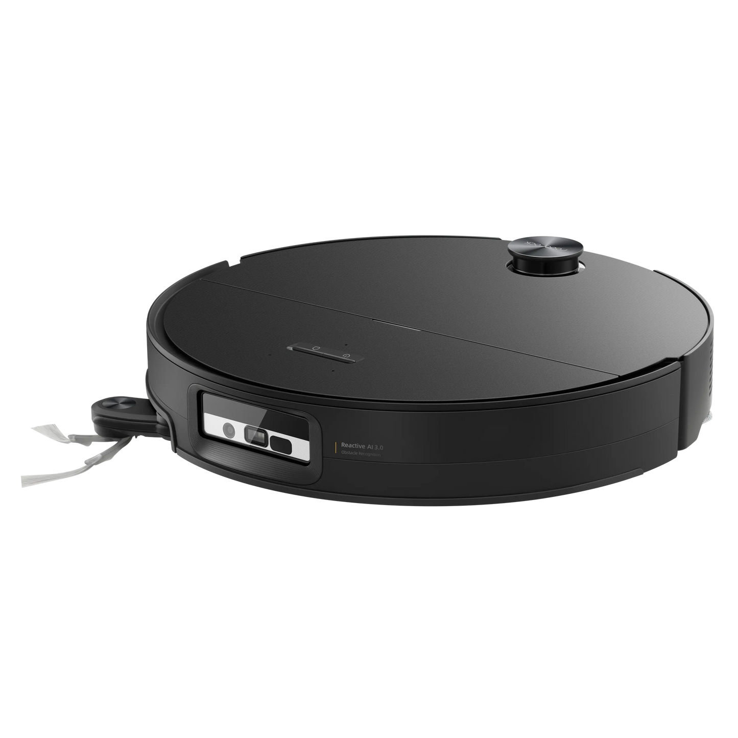 Roborock Saros 20 Sonic robotstøvsuger sort tekstureret overflade frontsensor synlig sidebørste vibrerende moppe.