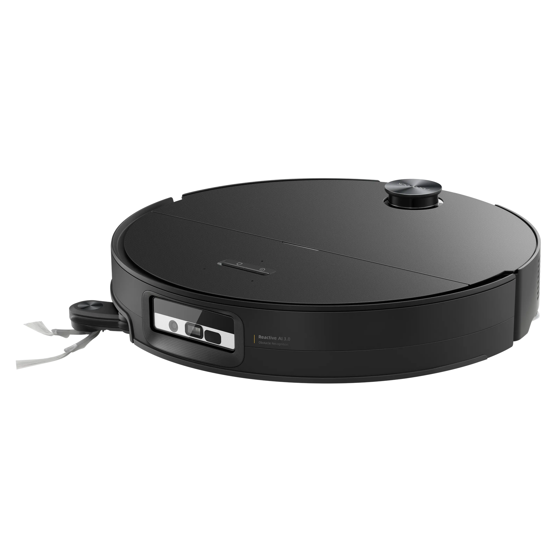 Roborock Saros 20 Sonic robotstøvsuger sort tekstureret overflade frontsensor synlig sidebørste vibrerende moppe.