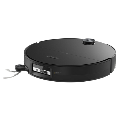 Roborock Saros 20 Sonic robotstøvsuger sort tekstureret overflade frontsensor synlig sidebørste vibrerende moppe.