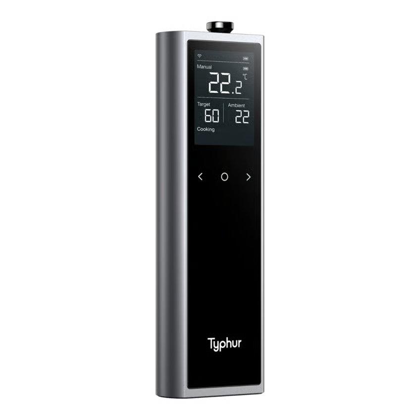 TYPHUR Sync One trådløst stegetermometer, sort/sølv, digitalt display med temperaturvisning og berøringsknapper, Bluetooth og WiFi.