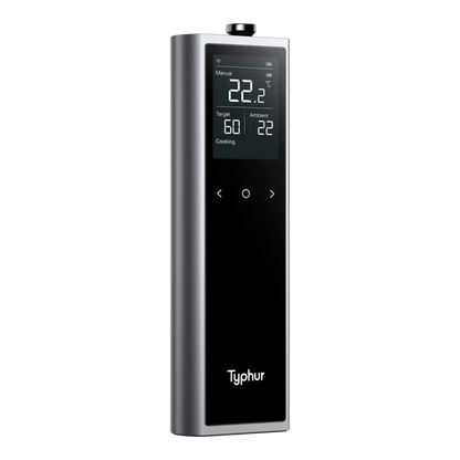 TYPHUR Sync One trådløst stegetermometer, sort/sølv, digitalt display med temperaturvisning og berøringsknapper, Bluetooth og WiFi.
