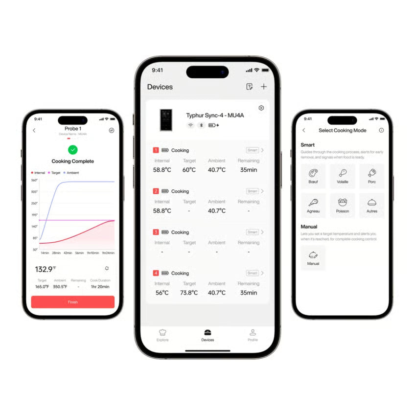 Typhur Sync One trådløst stegetermometer med smart basestation, app med grafer, temperaturvisning, tilslutning via Bluetooth og Wi-Fi.