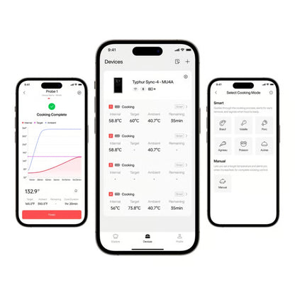 Typhur Sync One trådløst stegetermometer med smart basestation, app med grafer, temperaturvisning, tilslutning via Bluetooth og Wi-Fi.