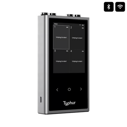 Typhur Sync Quad trådløst stegetermometer med fire sonder, touchscreen med »Unplug to start«, sølvfarvet med sorte detaljer, Bluetooth og Wi-Fi.