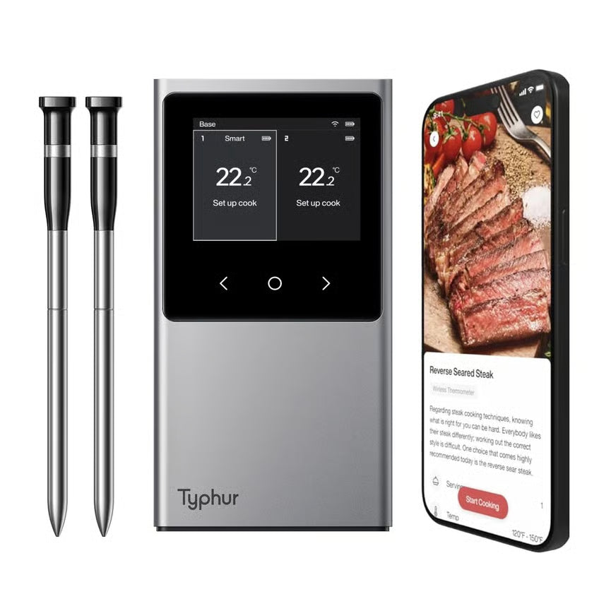 TYPHUR Sync Dual – trådløst grill- og stegetermometer med to metalprober, touchscreen-display og adgang via smartphone.