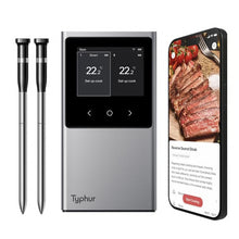 TYPHUR Sync Dual – trådløst grill- og stegetermometer med to metalprober, touchscreen-display og adgang via smartphone.
