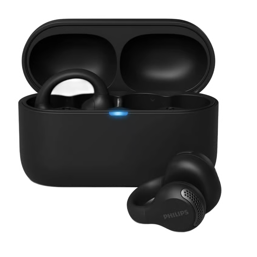 Sort Philips 2000-serie åbne øretelefoner med hovedbøjle, Bluetooth 5.4, ørekroge og åbent opladningsetui med lysindikator.