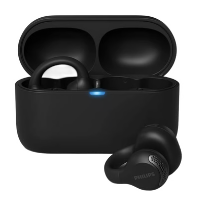 Sort Philips 2000-serie åbne øretelefoner med hovedbøjle, Bluetooth 5.4, ørekroge og åbent opladningsetui med lysindikator.