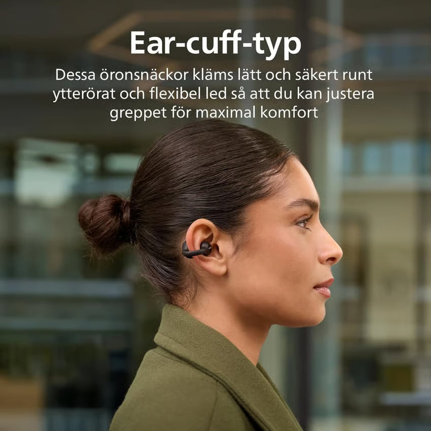 Sorter Philips 2000-serien åbne øretelefoner med hovedbøjle, IPX4, Bluetooth 5.4, ear-cuff-design og svensk tekst.