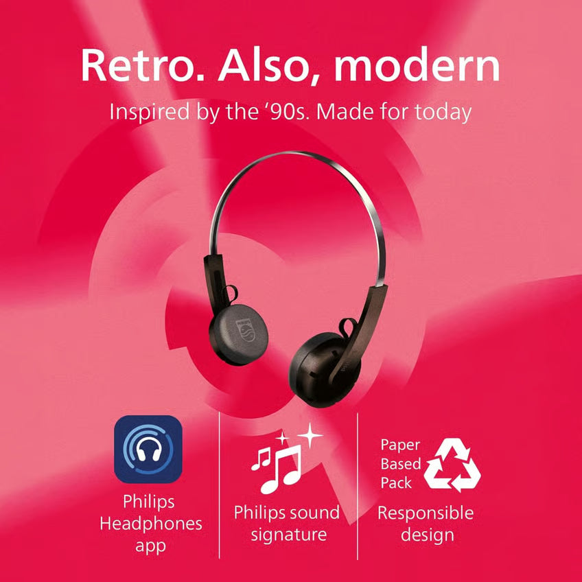Philips TAH2000 The Ringo – trådløse on-ear-hovedtelefoner med metalbøjle over tre ikoner for app, lyd og emballage.