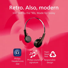 Philips TAH2000 The Ringo – trådløse on-ear-hovedtelefoner med metalbøjle over tre ikoner for app, lyd og emballage.