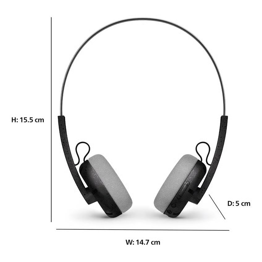Philips TAH2000 The Ringo – trådløse on-ear-hovedtelefoner med metalbøjle og grå ørepuder, vist med mål.